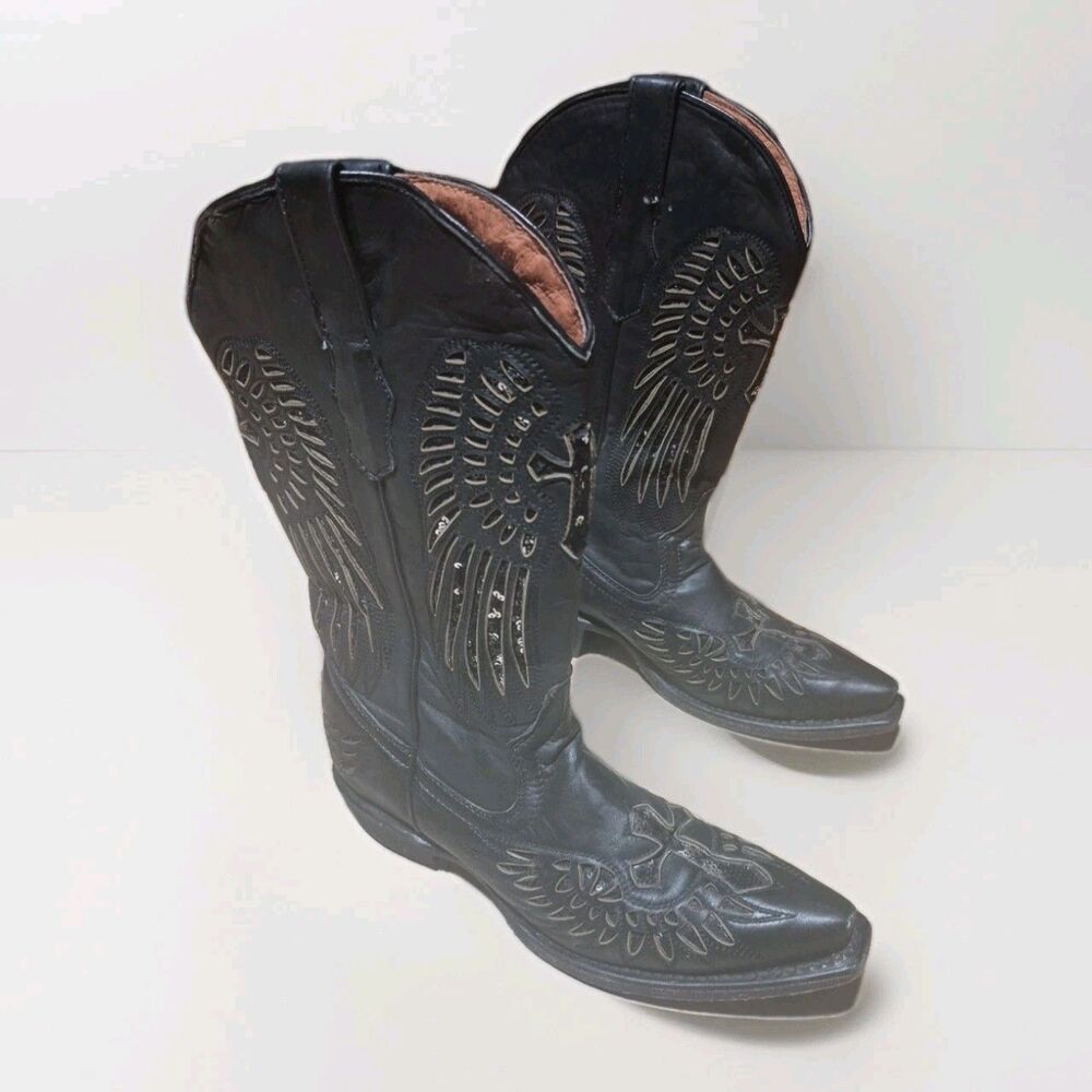 Innovation Women's US 8 Black Leather Winged Western Cowboy Boots